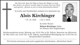 Traueranzeige Alois Kirchinger