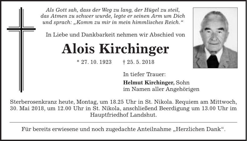 Traueranzeige Alois Kirchinger