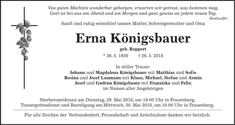 Traueranzeige Erna Königsbauer