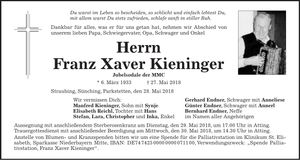 Traueranzeige Franz Xaver Kieninger