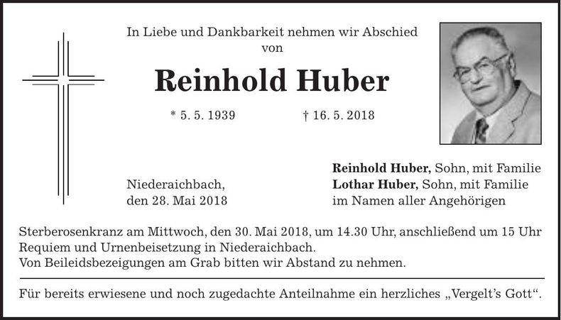 Traueranzeige Reinhold Huber