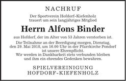 Traueranzeige Alfons Binder