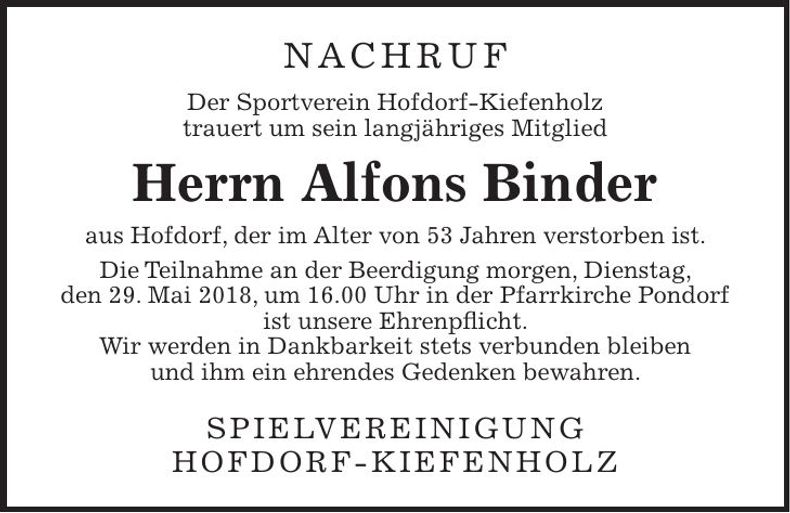Traueranzeige Alfons Binder