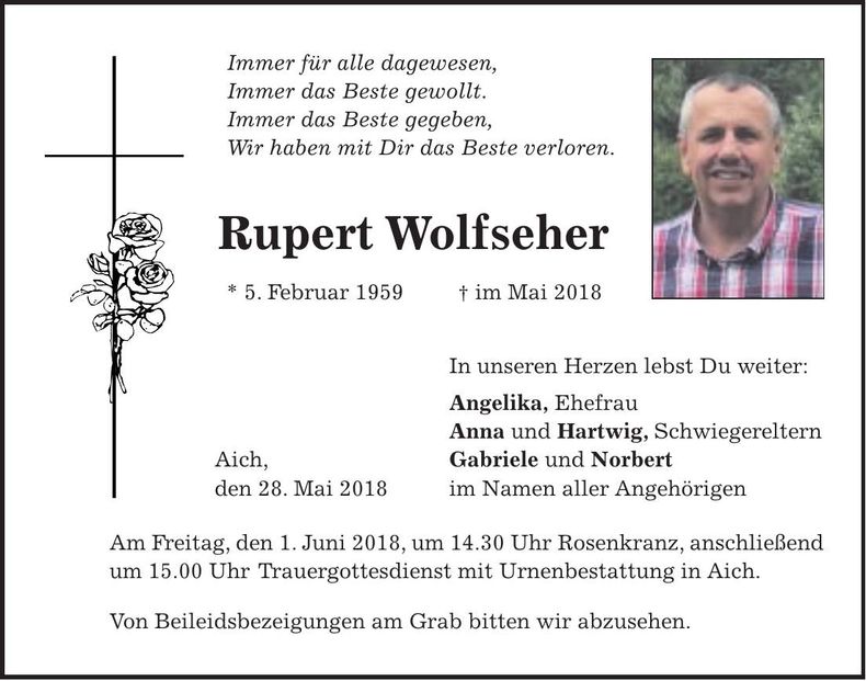 Traueranzeige Rupert Wolfseher