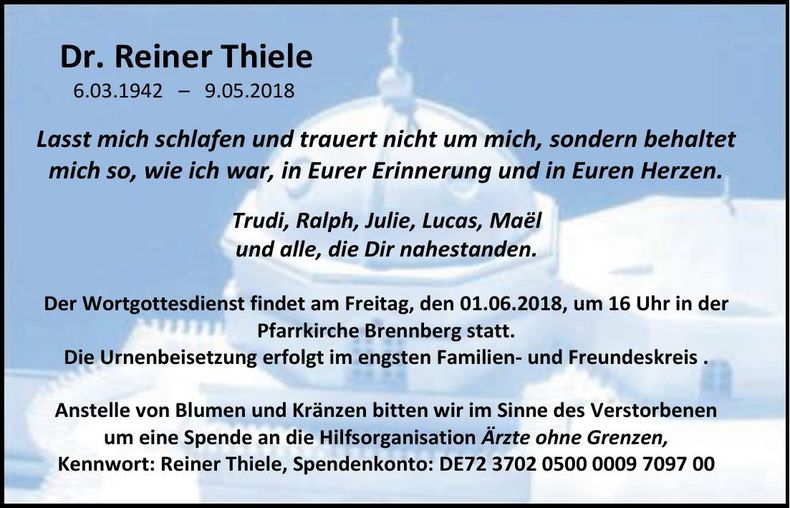 Traueranzeige Reiner Thiele