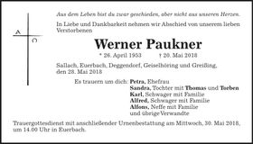 Traueranzeige Werner Paukner