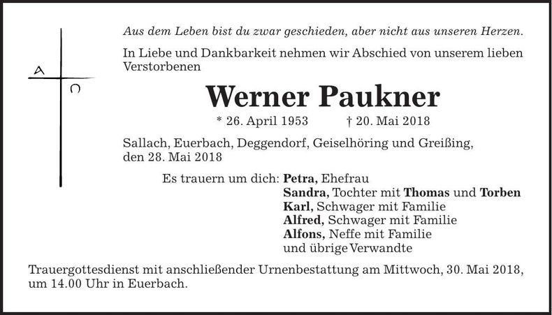 Traueranzeige Werner Paukner