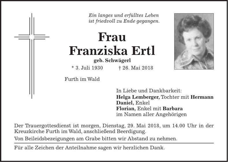 Traueranzeige Franziska Ertl