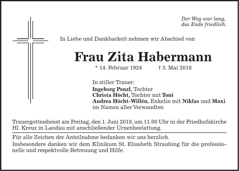 Traueranzeige Zita Habermann