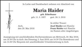 Traueranzeige Maria Haider