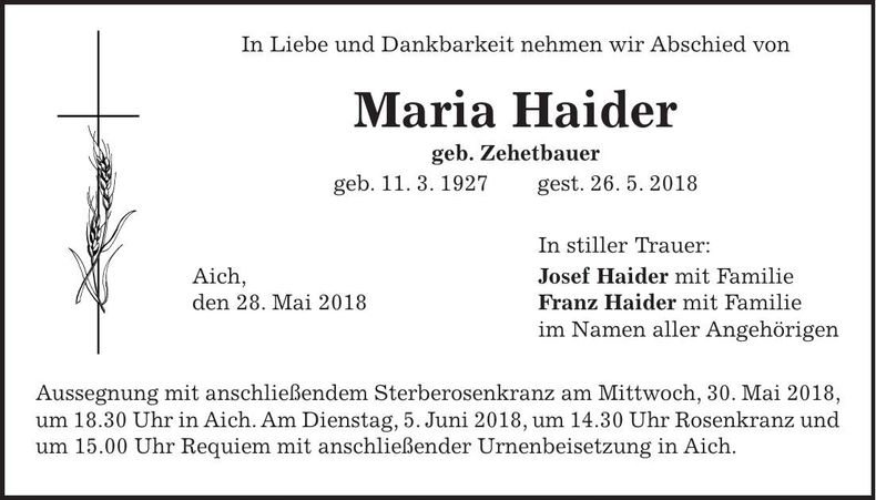 Traueranzeige Maria Haider