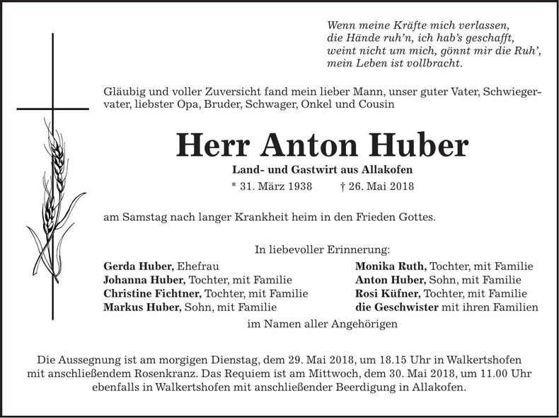 Traueranzeige Anton Huber