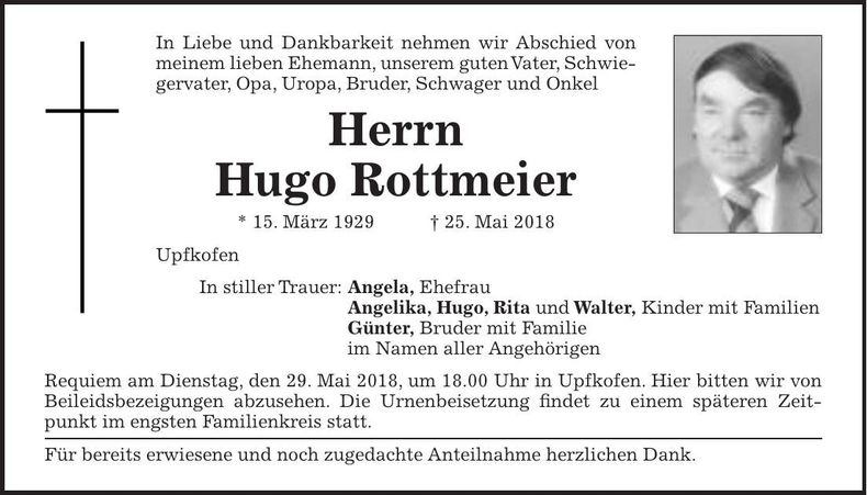 Traueranzeige Hugo Rottmeier