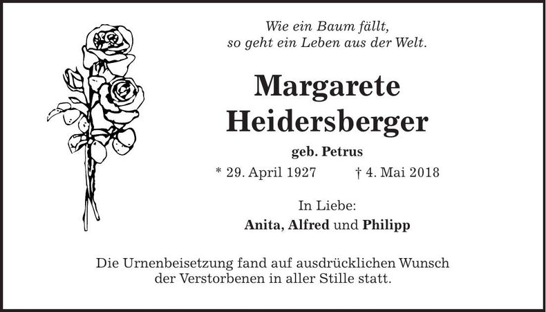 Traueranzeige Margarete Heidersberger