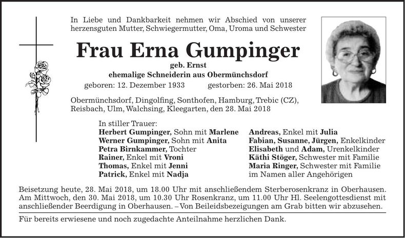 Traueranzeige Erna Gumpinger