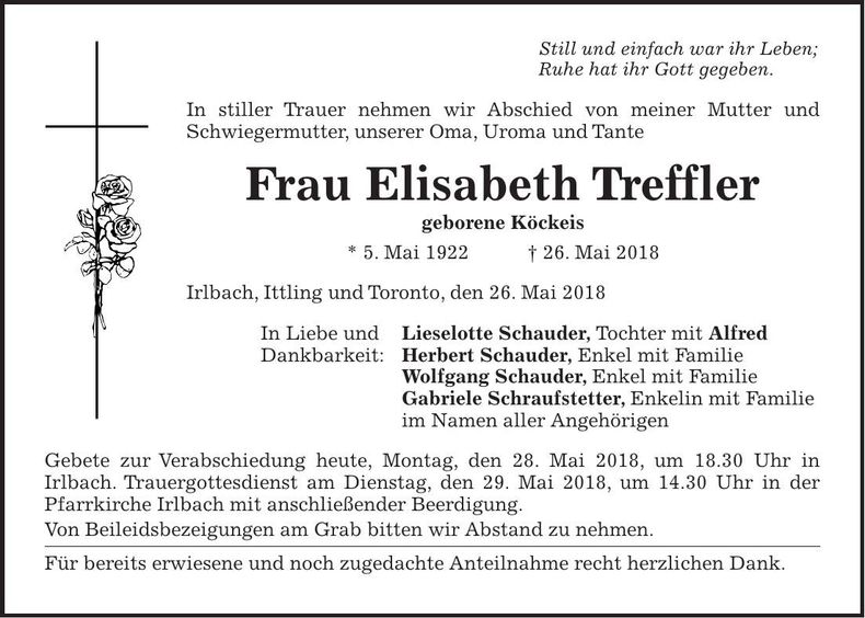 Traueranzeige Elisabeth Treffler