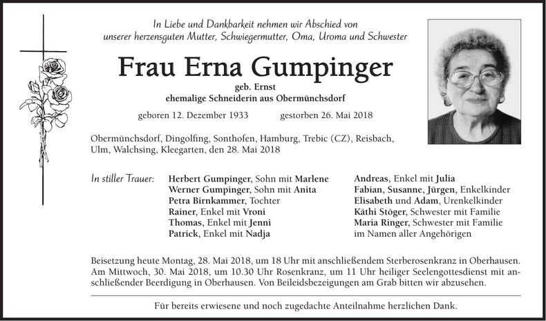 Traueranzeige Erna Gumpinger