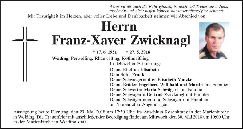 Traueranzeige Franz-Xaver Zwicknagl