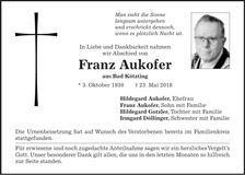 Traueranzeige Franz Aukofer