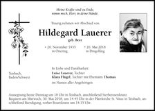 Traueranzeige Hildegard Lauerer