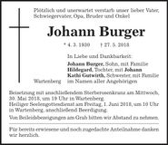 Traueranzeige Johann Burger