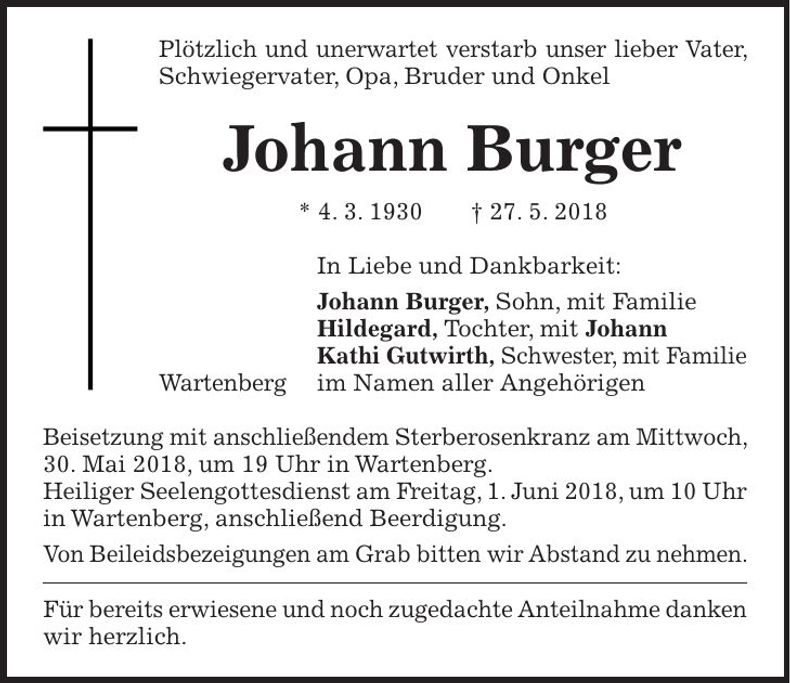 Traueranzeige Johann Burger