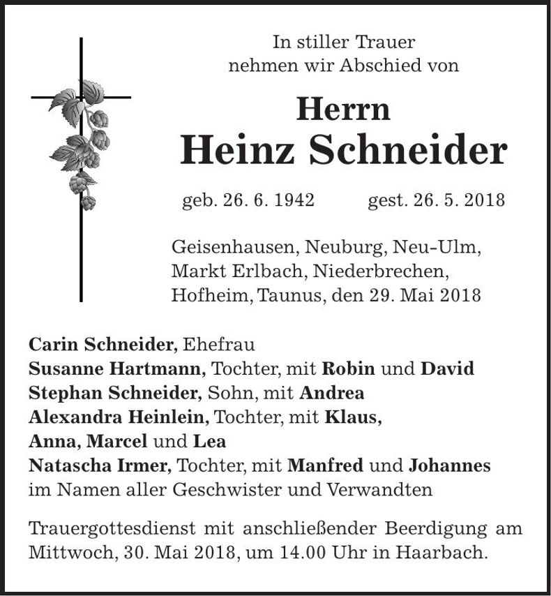 Traueranzeige Heinz Schneider