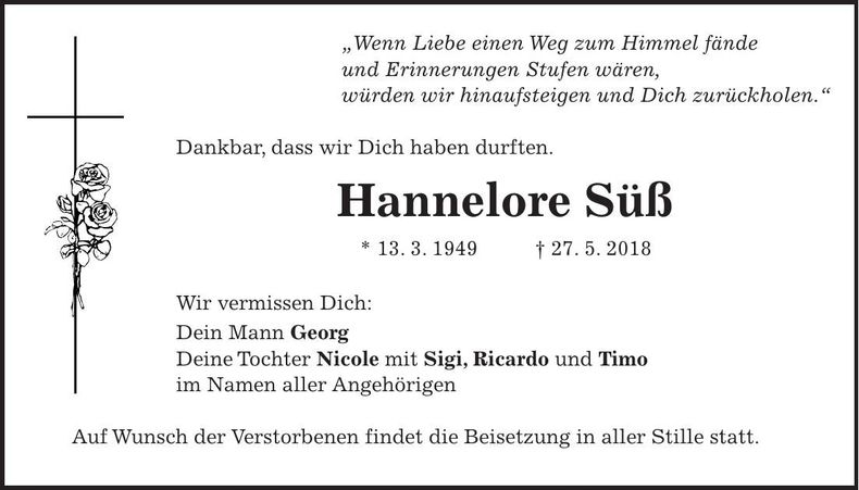 Traueranzeige Hannelore Süß