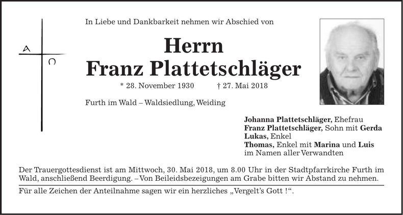 Traueranzeige Plattetschläger Franz