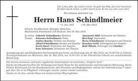 Traueranzeige Hans Schindlmeier
