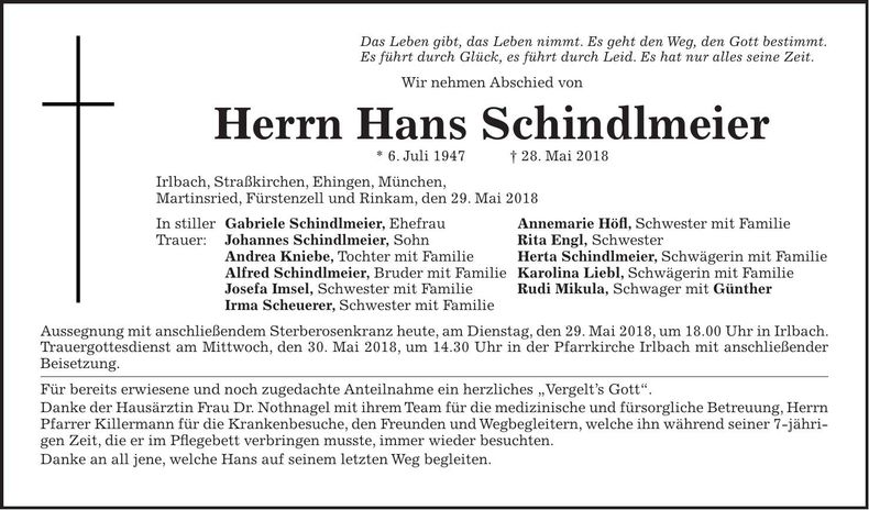 Traueranzeige Hans Schindlmeier