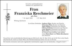 Traueranzeige Franziska Reschmeier