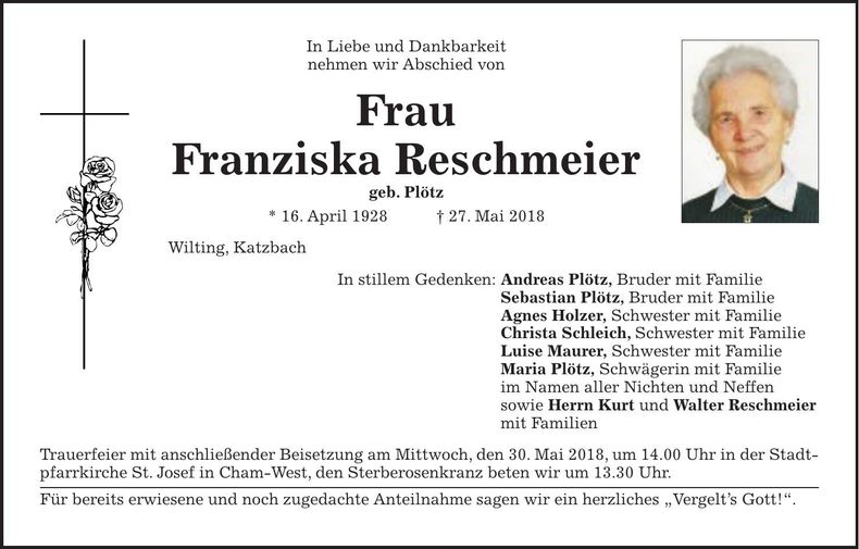 Traueranzeige Franziska Reschmeier