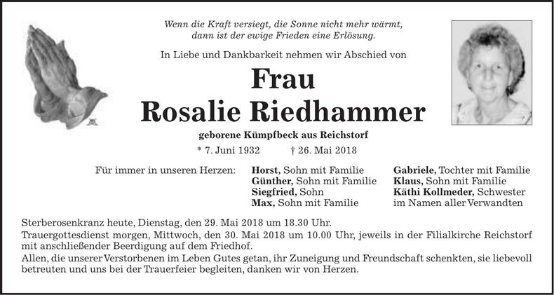 Traueranzeige Rosalie Riedhammer