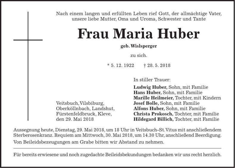 Traueranzeige Maria Huber
