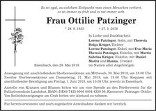 Traueranzeige Ottilie Patzinger