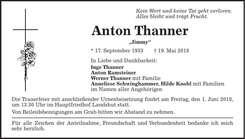 Traueranzeige Anton Thanner