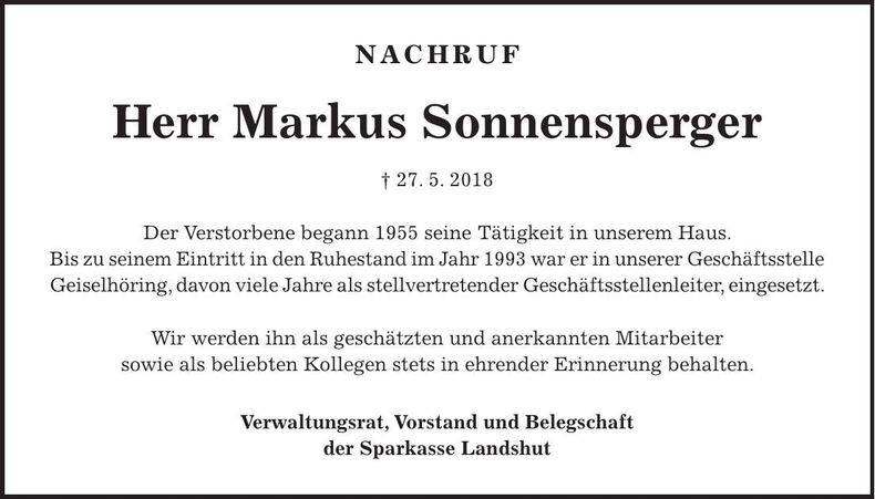Traueranzeige Markus Sonnensperger