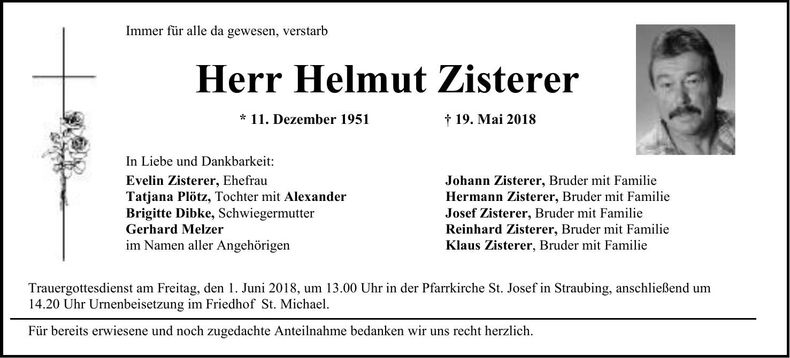 Traueranzeige Helmut Zisterer