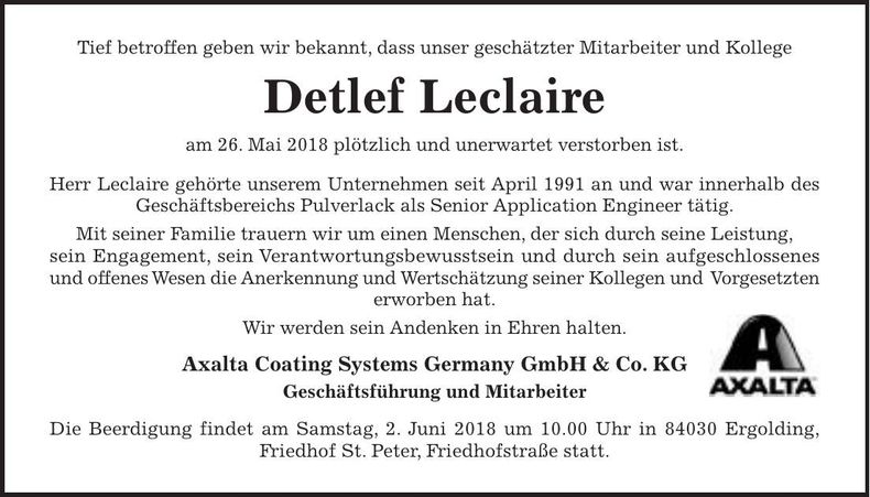 Traueranzeige Detlef Leclaire