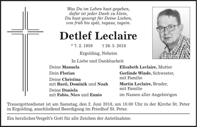 Traueranzeige Detlef Leclaire