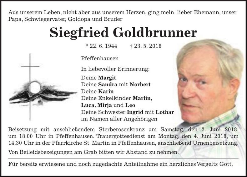 Traueranzeige Siegfried Goldbrunner