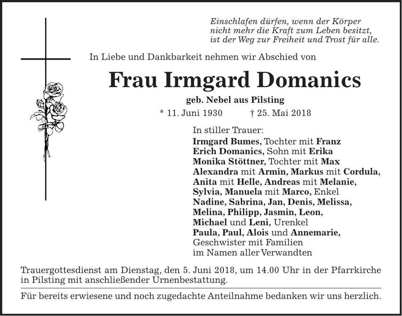 Traueranzeige Irmgard Domanics