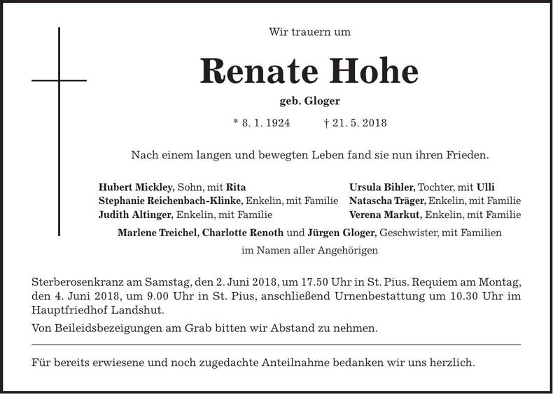 Traueranzeige Renate Hohe