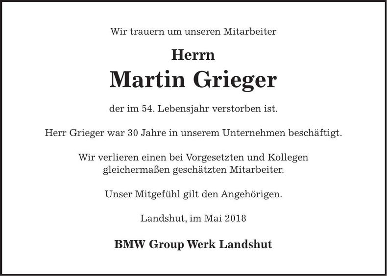 Traueranzeige Martin Grieger