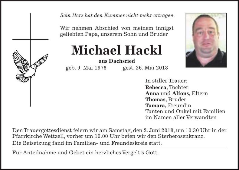 Traueranzeige Michael Hackl