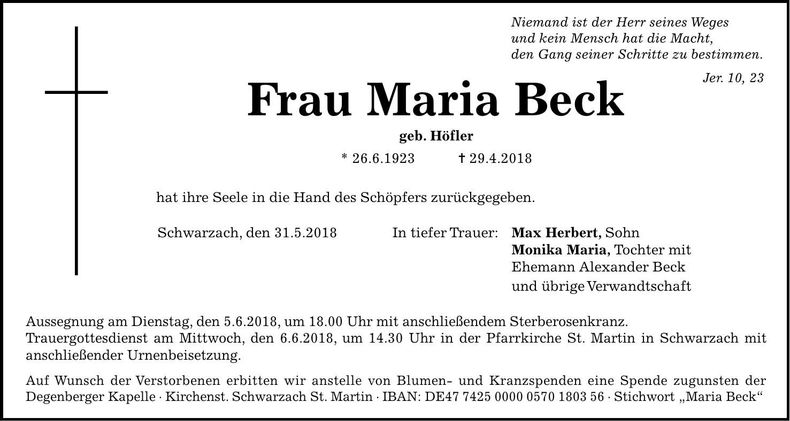Traueranzeige Maria Beck