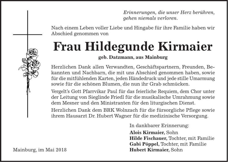 Traueranzeige Hildegunde Kirmaier
