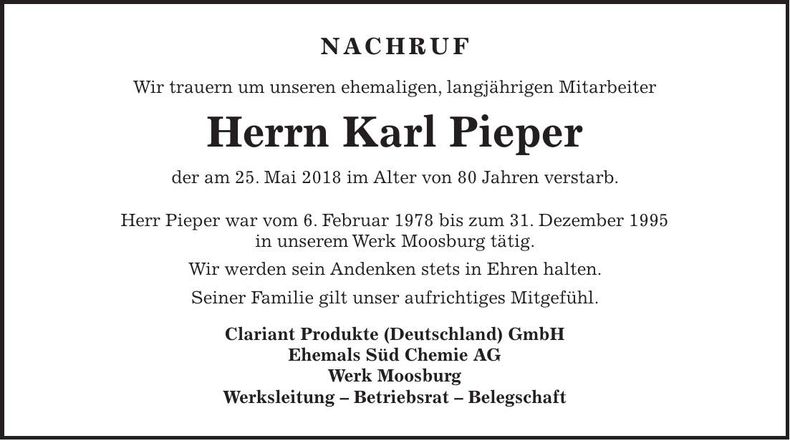 Traueranzeige Karl Pieper