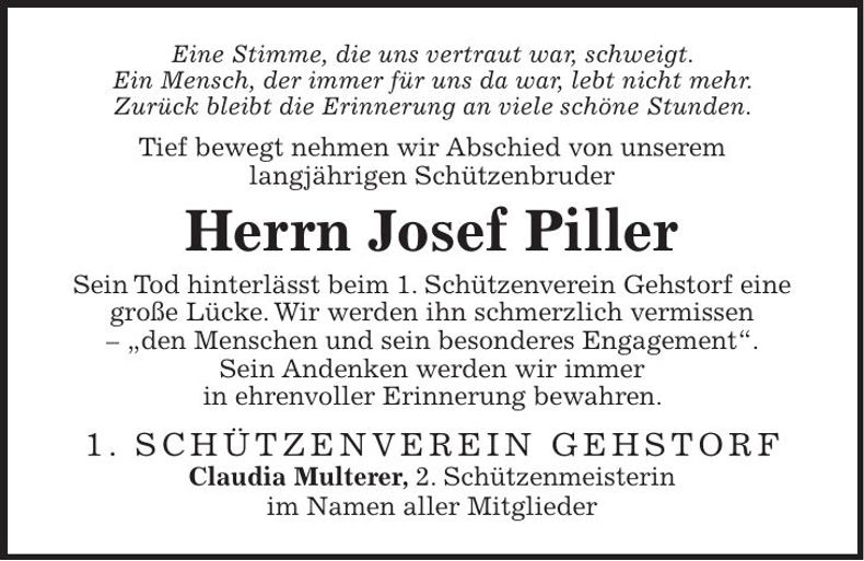 Traueranzeige Josef Piller